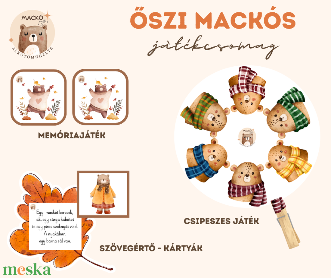 Őszi mackós játékcsomag - játék & sport - készségfejlesztő és logikai játék - oktató játékok - Meska.hu