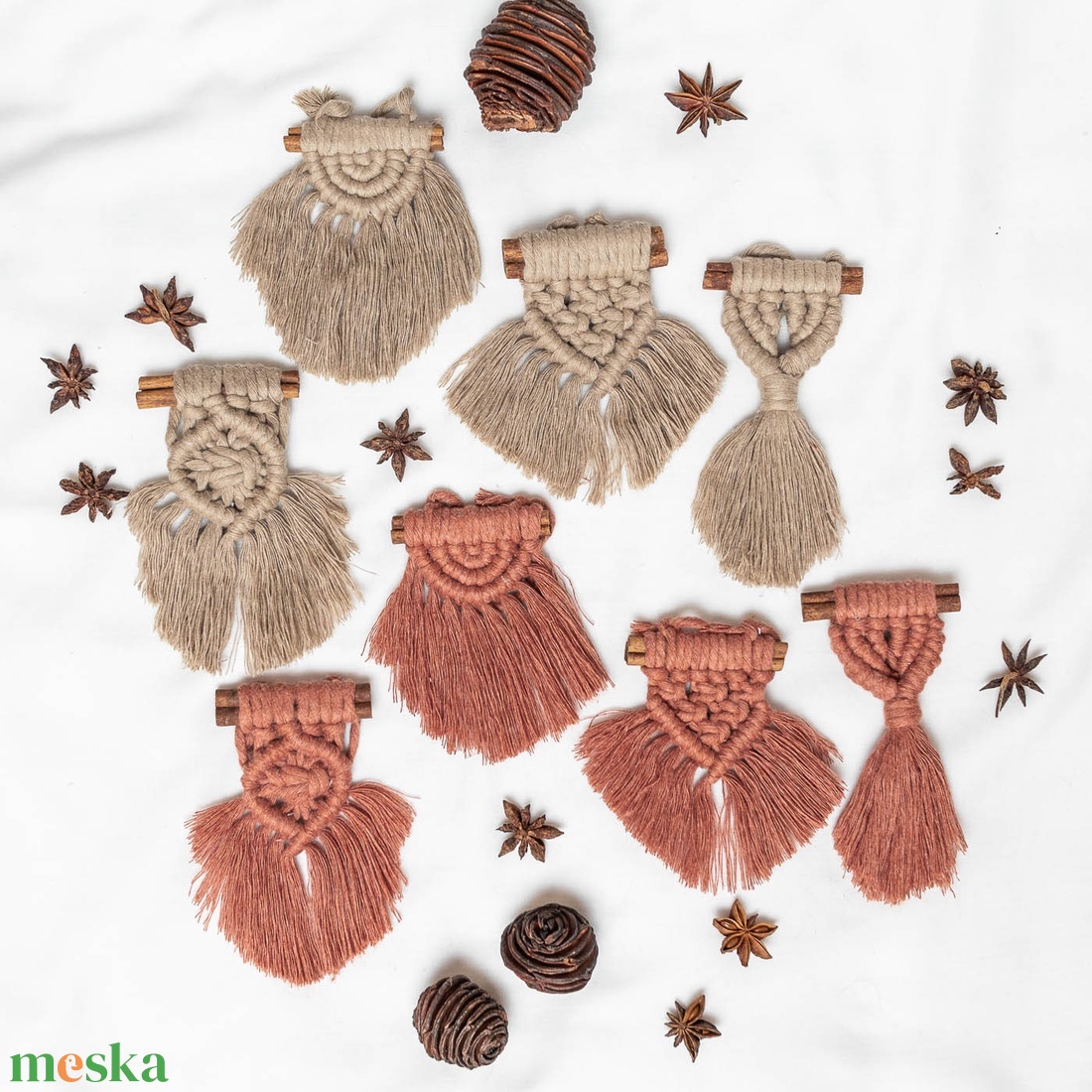 Terracotta Brown 8 db-os Makramé Karácsonyfadísz Szett - otthon & életmód - dekoráció - fali és függő dekoráció - függődísz - Meska.hu