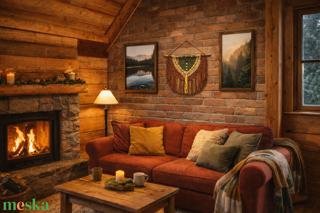 Makramé falidísz Flamenco  50cm x 70 cm bohém (M) falidekor (tégla, okker, fahéj, zöld) - otthon & életmód - dekoráció - fali és függő dekoráció - falra akasztható dekor - Meska.hu