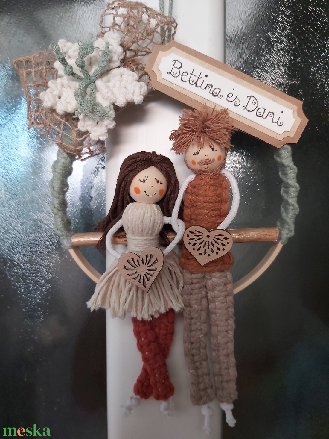 Ajtónévtábla makramé figurákkal - otthon & életmód - dekoráció - ajtó- és ablak dekoráció - ajtótábla - Meska.hu
