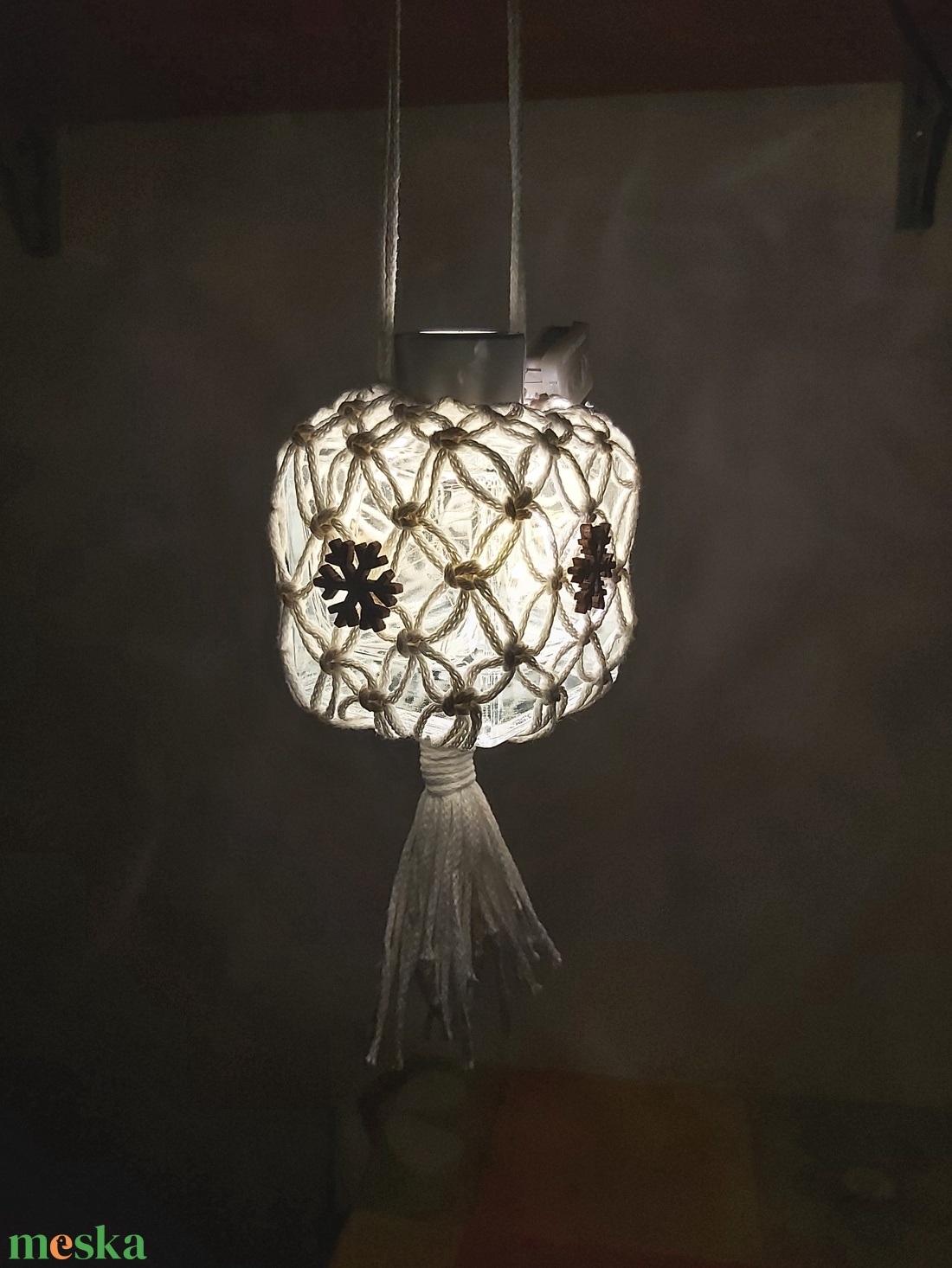 Makramé jégkocka lámpácska - karácsony - karácsonyi lakásdekoráció - karácsonyi lakásdíszek - Meska.hu