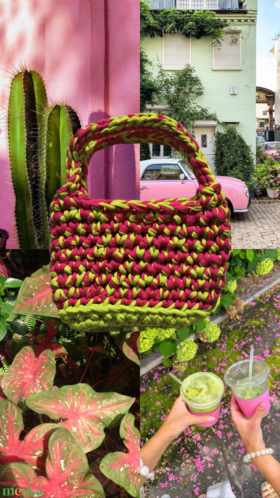 Pink and neon green picnic crochet bag - táska & tok - kézitáska & válltáska - alkalmi táska - Meska.hu