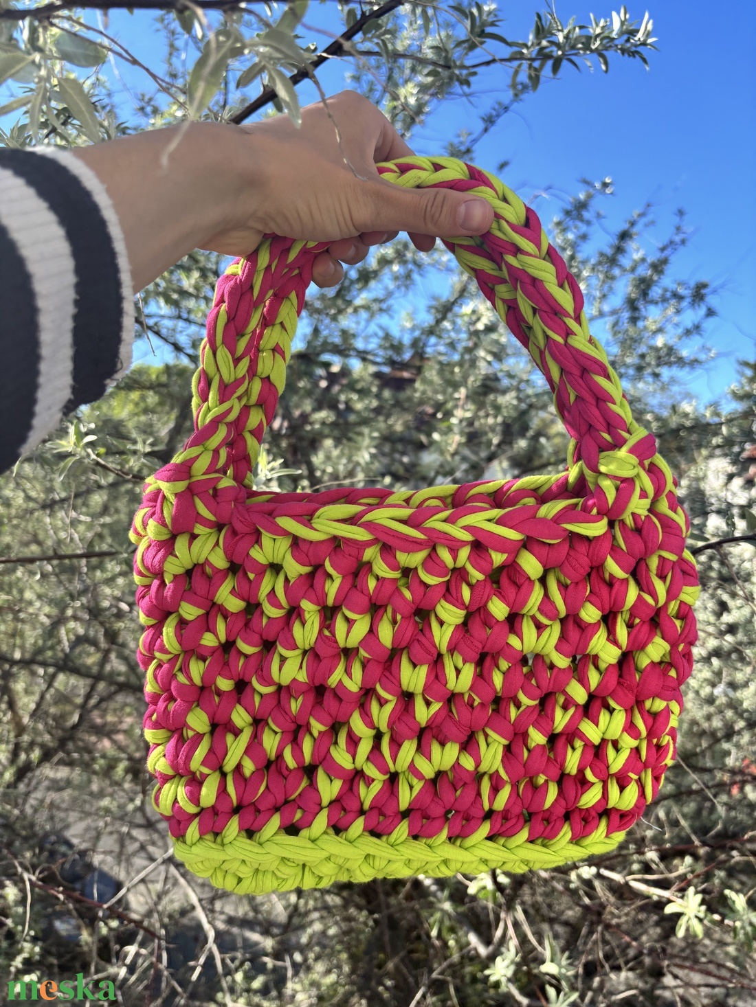 Pink and neon green picnic crochet bag - táska & tok - kézitáska & válltáska - alkalmi táska - Meska.hu