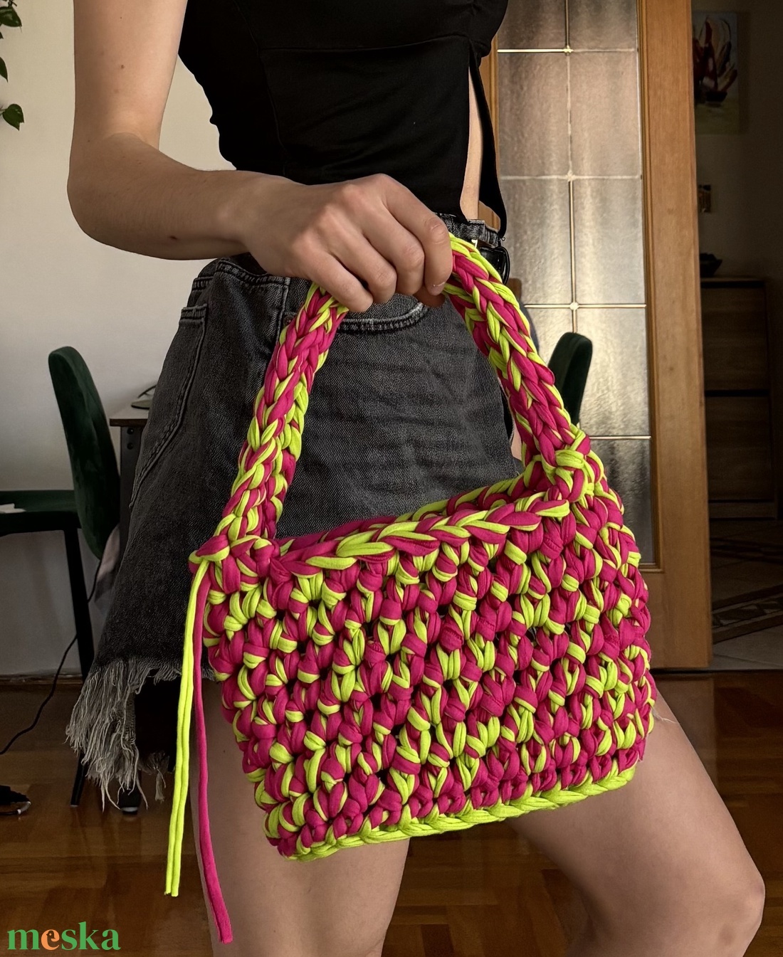 Pink and neon green picnic crochet bag - táska & tok - kézitáska & válltáska - alkalmi táska - Meska.hu