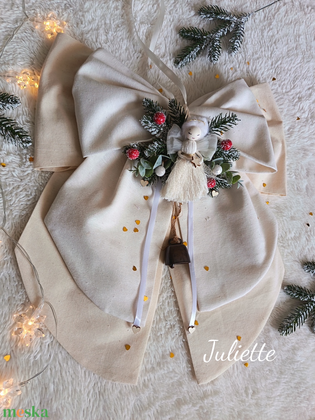 Karácsonyi masni kopogtató ajtódísz csengettyűvel - otthon & életmód - dekoráció - ajtó- és ablak dekoráció - ajtódísz & kopogtató - Meska.hu