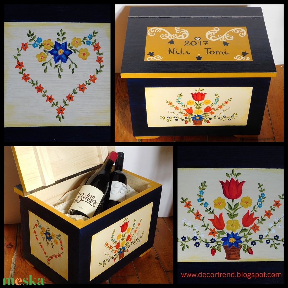 Hagyományos stílusú nagy festett fa láda, tulipános láda, menyasszonyi láda - otthon & életmód - bútor - más bútor - Meska.hu