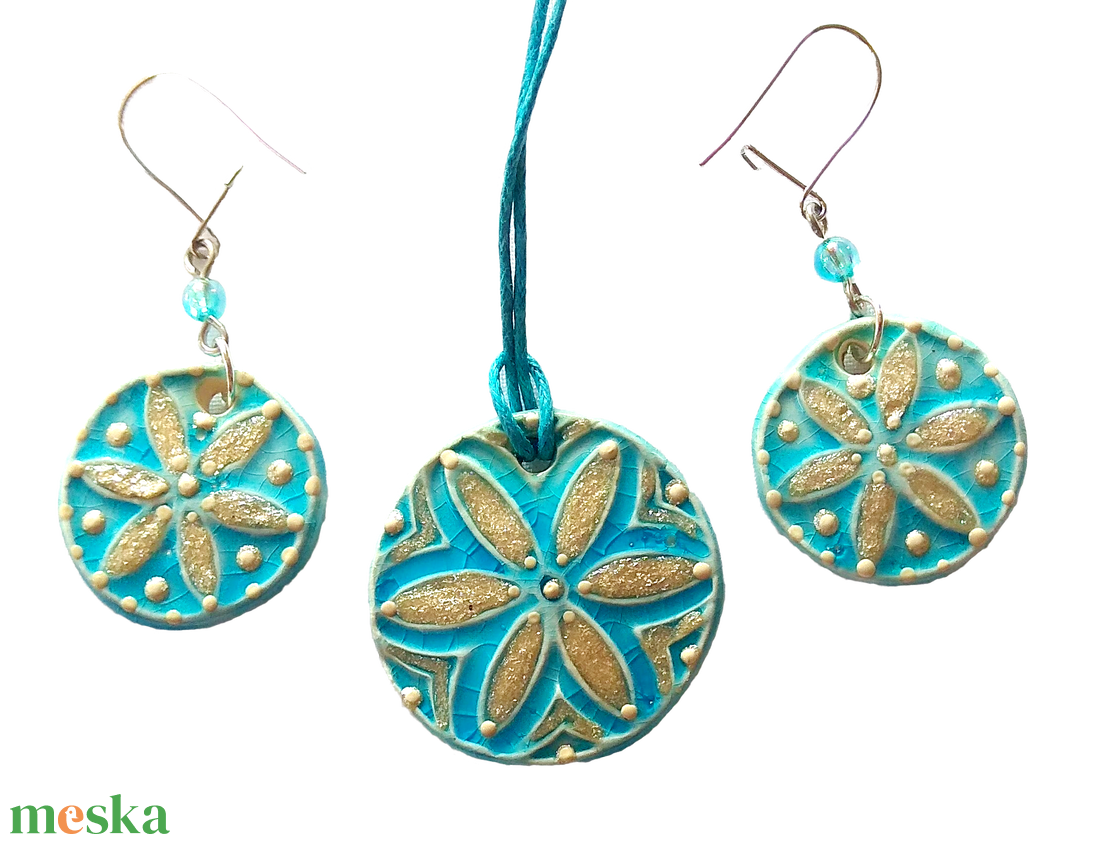 Türkiz élet virága - kerámia ékszerszett - ékszer - fülbevaló - lógó fülbevaló - Meska.hu