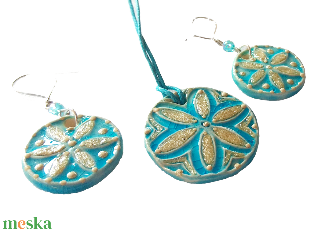 Türkiz élet virága - kerámia ékszerszett - ékszer - fülbevaló - lógó fülbevaló - Meska.hu