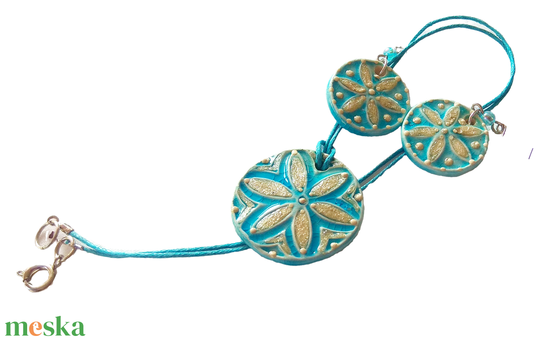 Türkiz élet virága - kerámia ékszerszett - ékszer - fülbevaló - lógó fülbevaló - Meska.hu