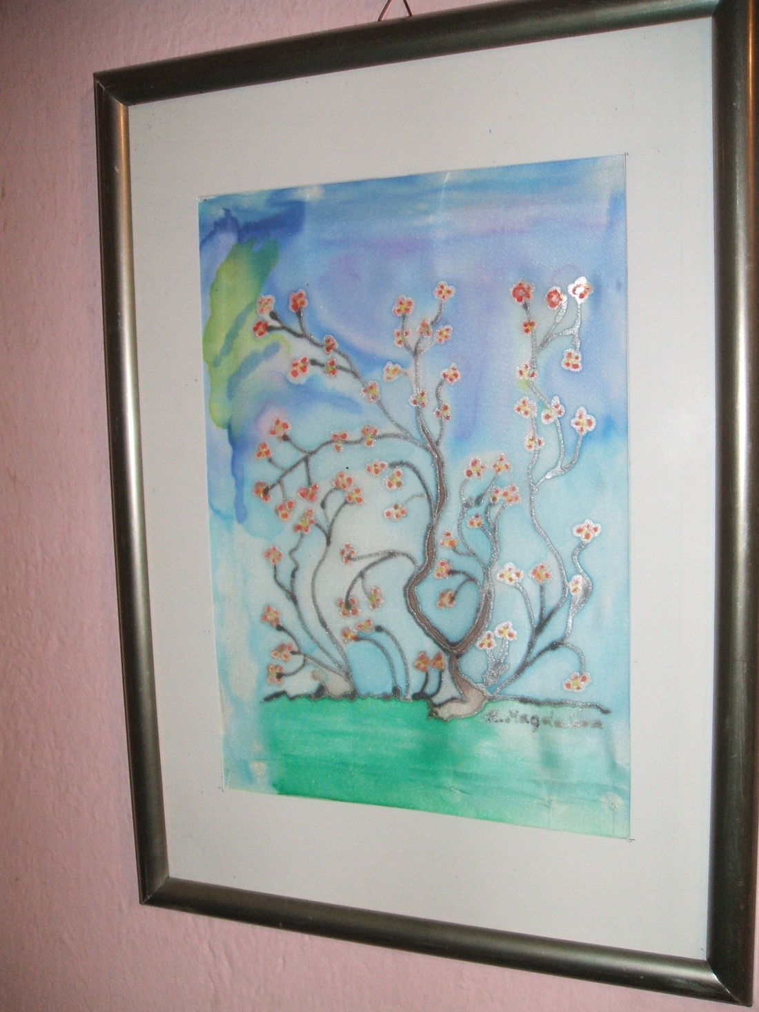 Hernyóselyem festmény, Barackvirágzás. - kellékek & szerszámok - Meska.hu