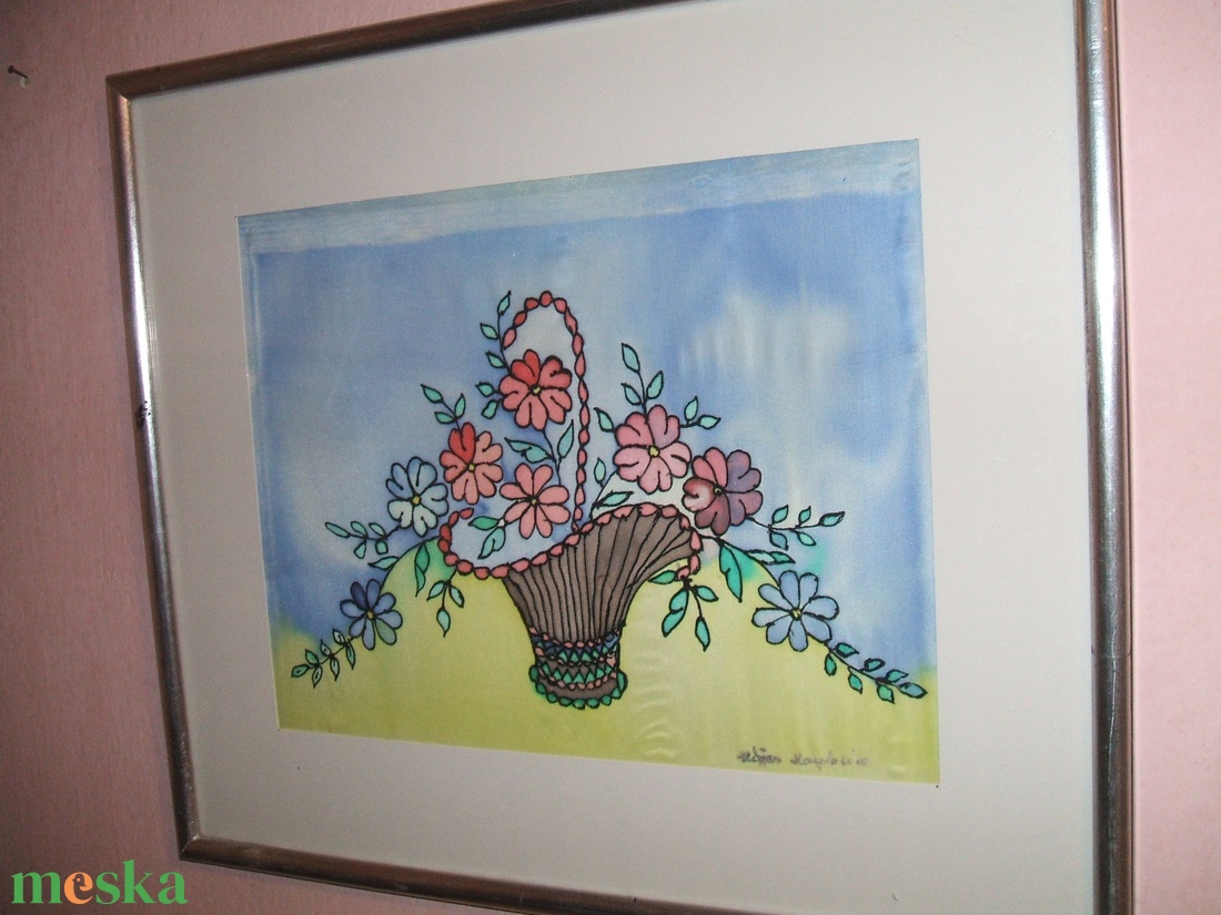 Hernyóselyem festmény. Csendélet, virágkosár cimmel. - művészet - festmény - festmény vegyes technika - Meska.hu