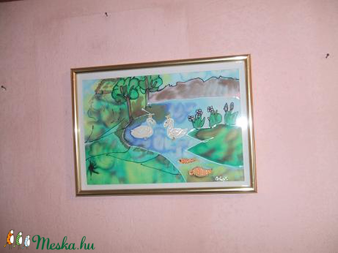 Hernyőselyem festmény. Hattyúpár cimmel. - kellékek & szerszámok - Meska.hu