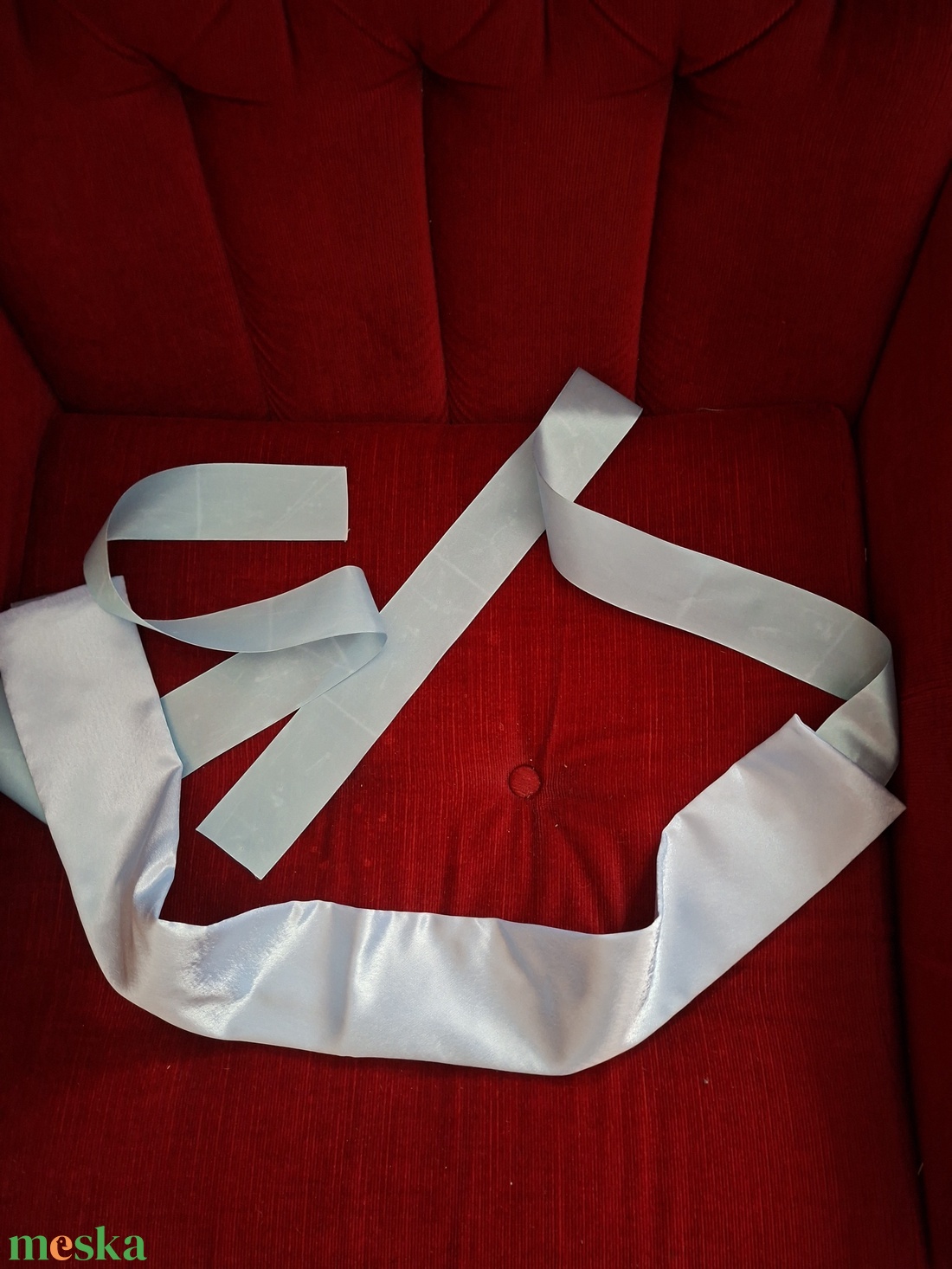 Világoskék selyem öv, szalaggal. - ruha & divat - öv & övcsat - öv - Meska.hu