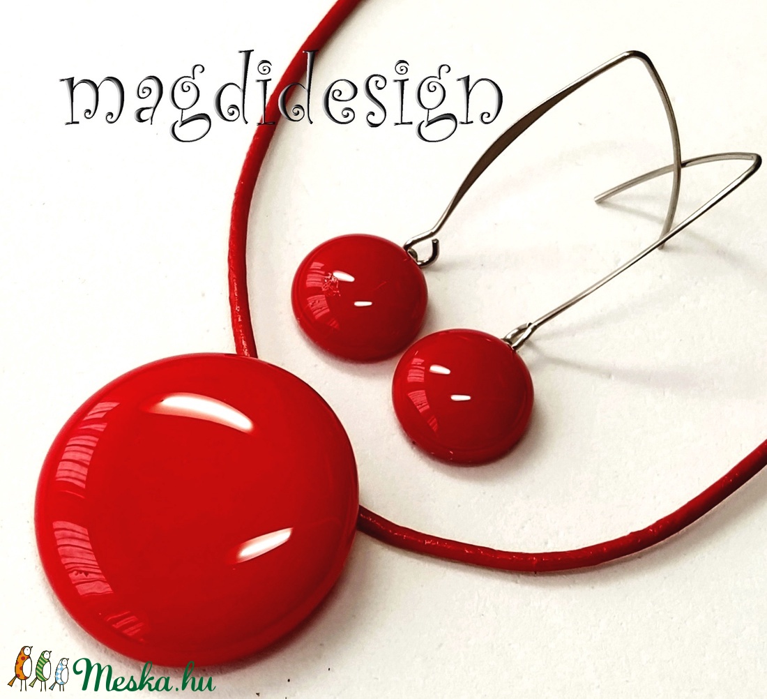 Meggypiros minimál design üvegékszer szett, nyaklánc, lógós fülbevaló - ékszer - ékszerszett - Meska.hu