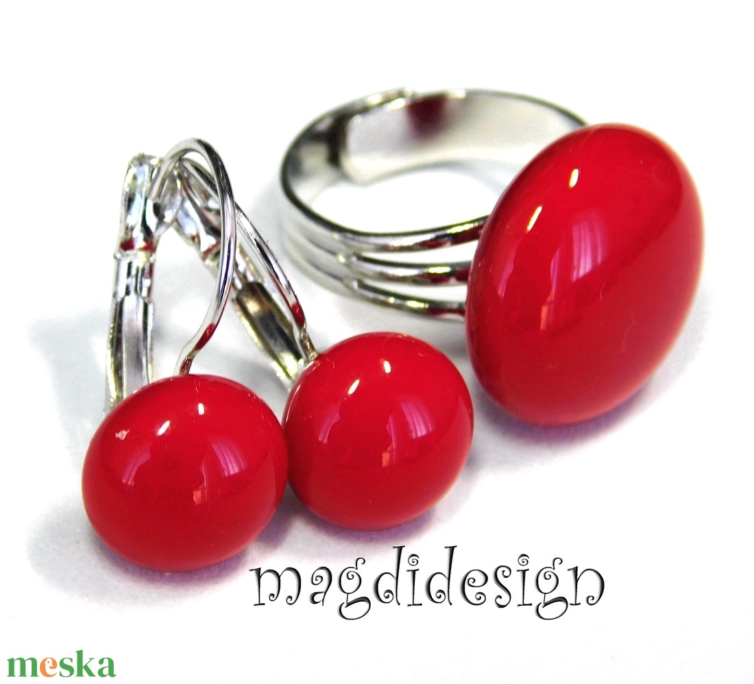 Meggypiros üvegékszer szett, gyűrű, stiftes fülbevaló  - ékszer - ékszerszett - Meska.hu