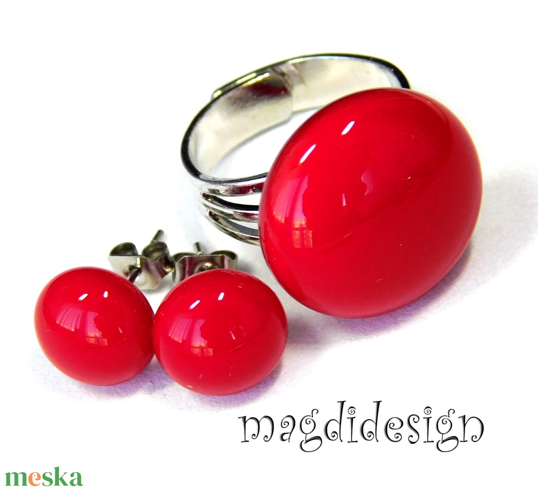 Meggypiros üvegékszer szett, gyűrű, stiftes fülbevaló  - ékszer - ékszerszett - Meska.hu