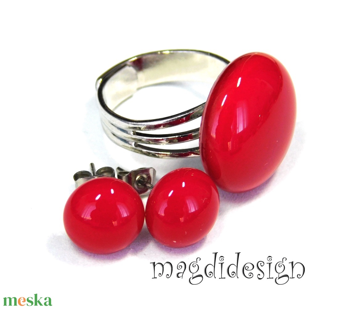 Meggypiros üvegékszer szett, gyűrű, stiftes fülbevaló  - ékszer - ékszerszett - Meska.hu