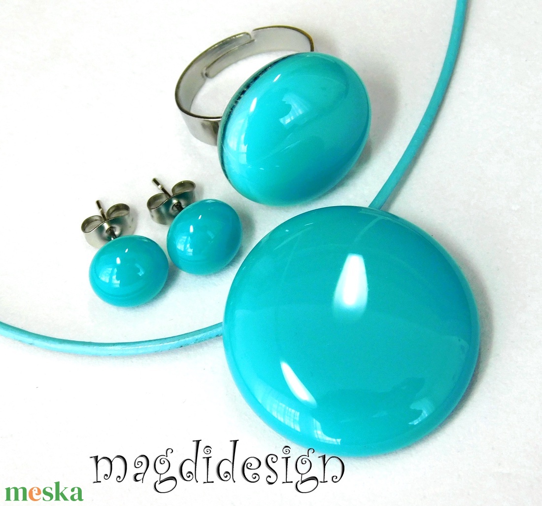 Türkiz üvegékszer szett, nyaklánc, gyűrű, pötty fülbevaló  - ékszer - ékszerszett - Meska.hu