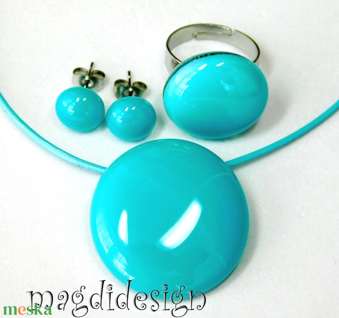 Türkiz üvegékszer szett, nyaklánc, gyűrű, pötty fülbevaló  - ékszer - ékszerszett - Meska.hu