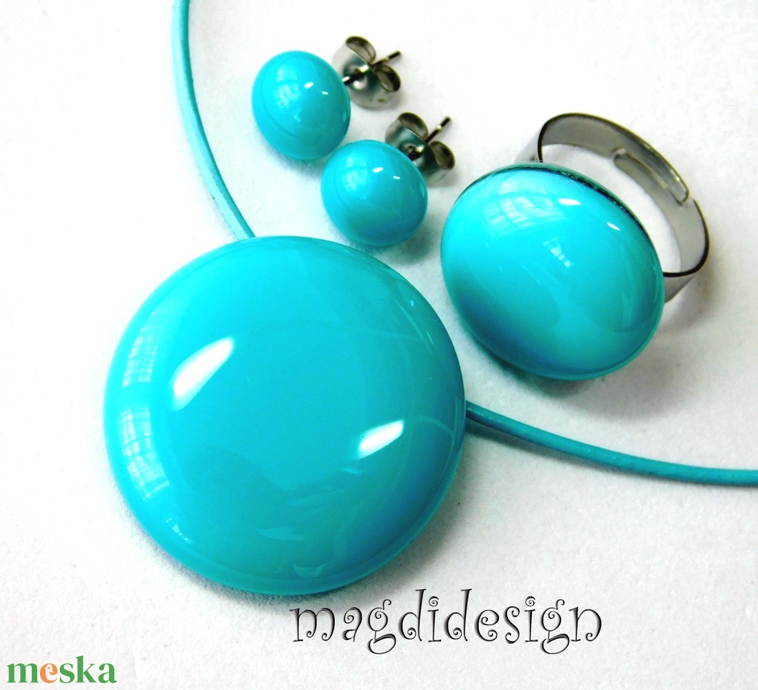 Türkiz üvegékszer szett, nyaklánc, gyűrű, pötty fülbevaló  - ékszer - ékszerszett - Meska.hu
