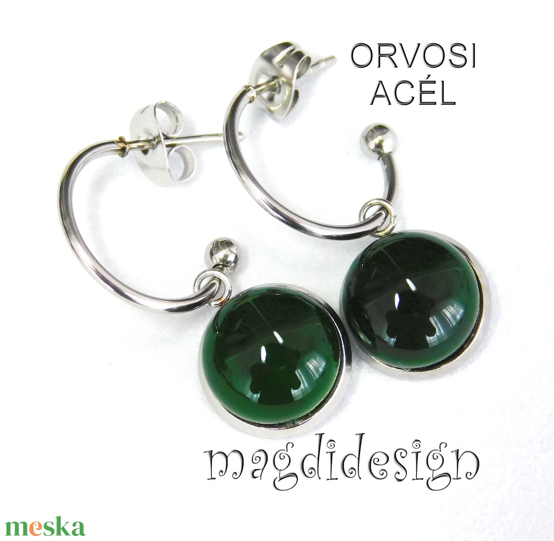 Smaragdzöld üvegékszer stiftes lógós nemesacél fülbevaló - ékszer - fülbevaló - lógó fülbevaló - Meska.hu