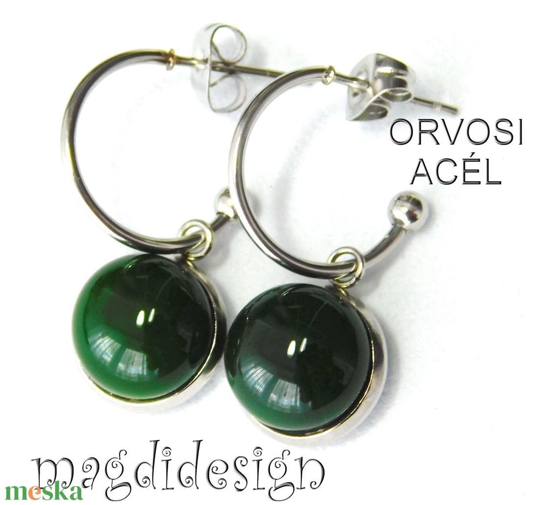 Smaragdzöld üvegékszer stiftes lógós nemesacél fülbevaló - ékszer - fülbevaló - lógó fülbevaló - Meska.hu