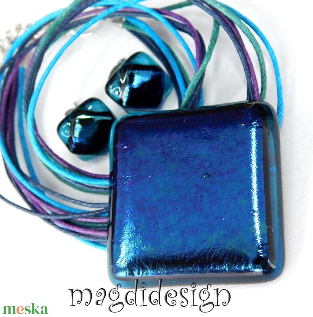 Kék eozinos üvegékszer szett, nyaklánc fülbevaló - ékszer - ékszerszett - Meska.hu