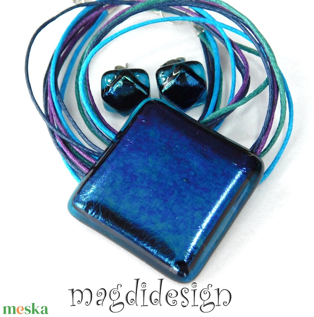 Kék eozinos üvegékszer szett, nyaklánc fülbevaló - ékszer - ékszerszett - Meska.hu