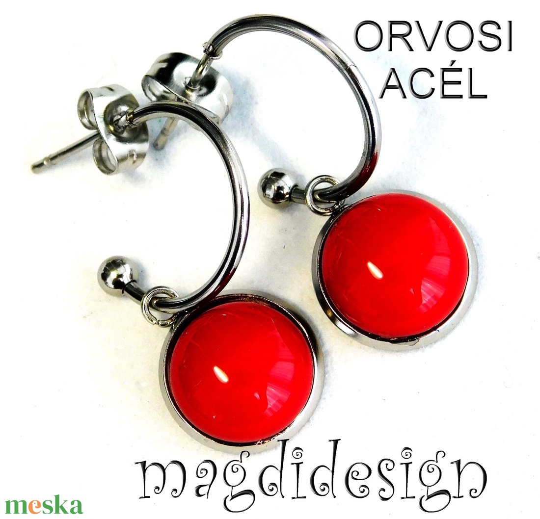 Meggypiros üvegékszer stiftes lógós nemesacél fülbevaló - ékszer - fülbevaló - lógó fülbevaló - Meska.hu