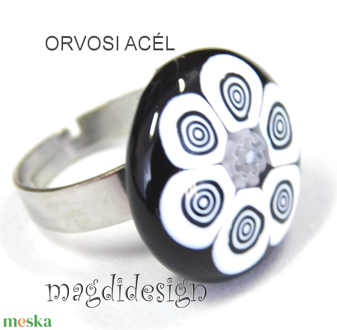 Fekete fehér körbe-körök millefiori üvegékszer gyűrű - ékszer - gyűrű - statement gyűrű - Meska.hu