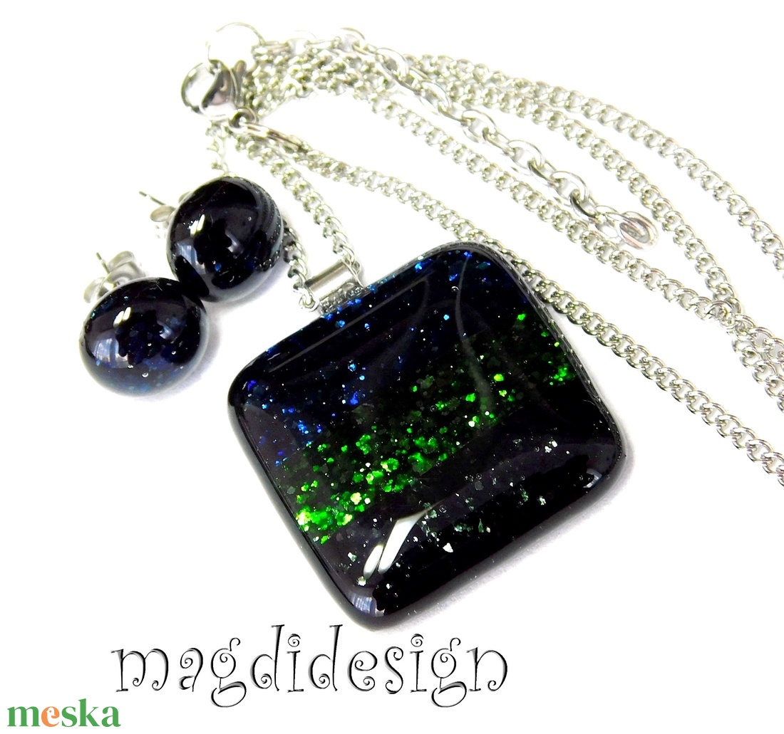 Kék-zöld-fekete csíkos aventurin üvegékszer szett nyaklánc, pötty fülbevaló  - ékszer - ékszerszett - Meska.hu