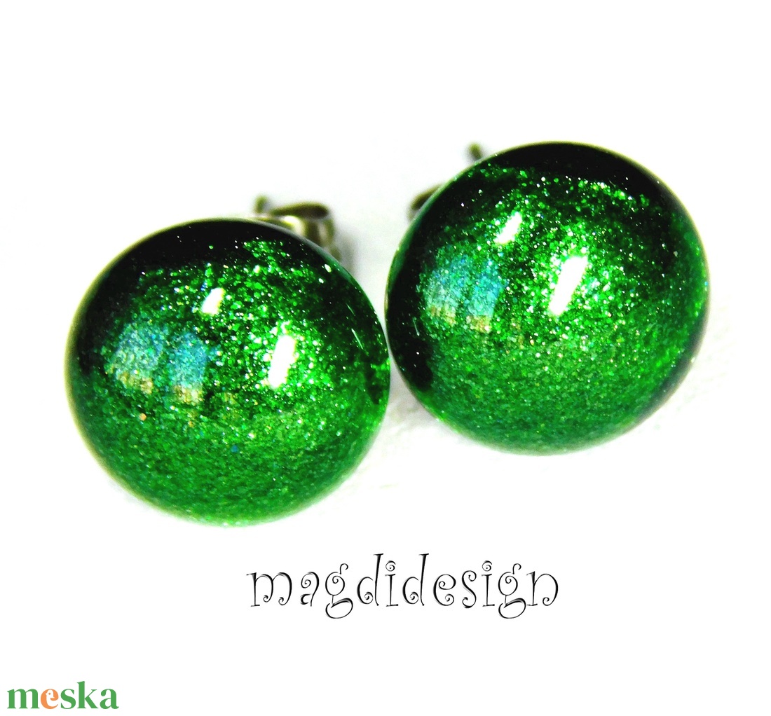 NEMESACÉL! Zöld aventurin csillám üvegékszer stiftes fülbevaló  - ékszer - fülbevaló - lógó fülbevaló - Meska.hu