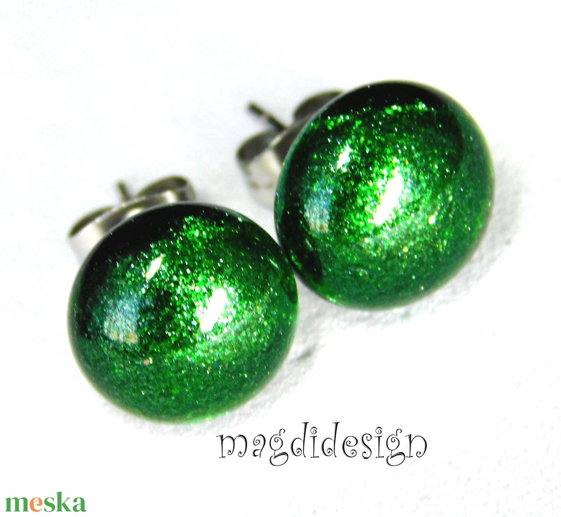 NEMESACÉL! Zöld aventurin csillám üvegékszer stiftes fülbevaló  - ékszer - fülbevaló - lógó fülbevaló - Meska.hu
