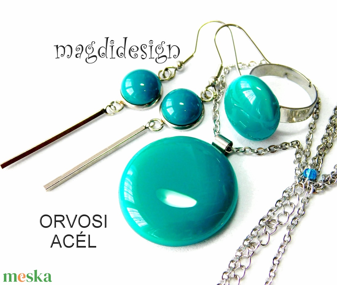 Türkiz üvegékszer szett, nyaklánc, gyűrű, lógós fülbevaló ORVOSI ACÉL - ékszer - ékszerszett - Meska.hu