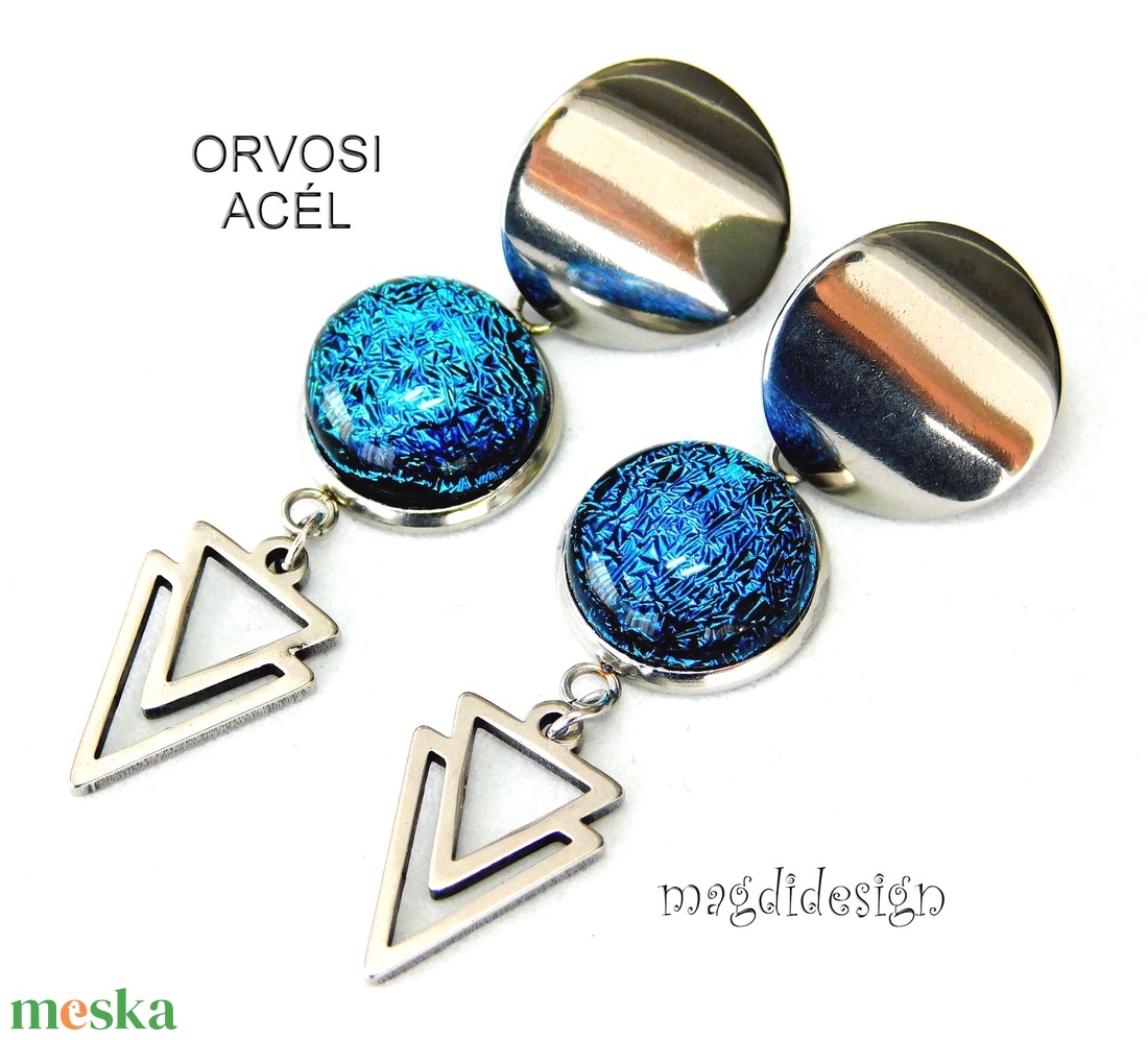 Kék-fekete dichroic üvegékszer stiftes lógós nemesacél fülbevaló - ékszer - fülbevaló - lógó fülbevaló - Meska.hu