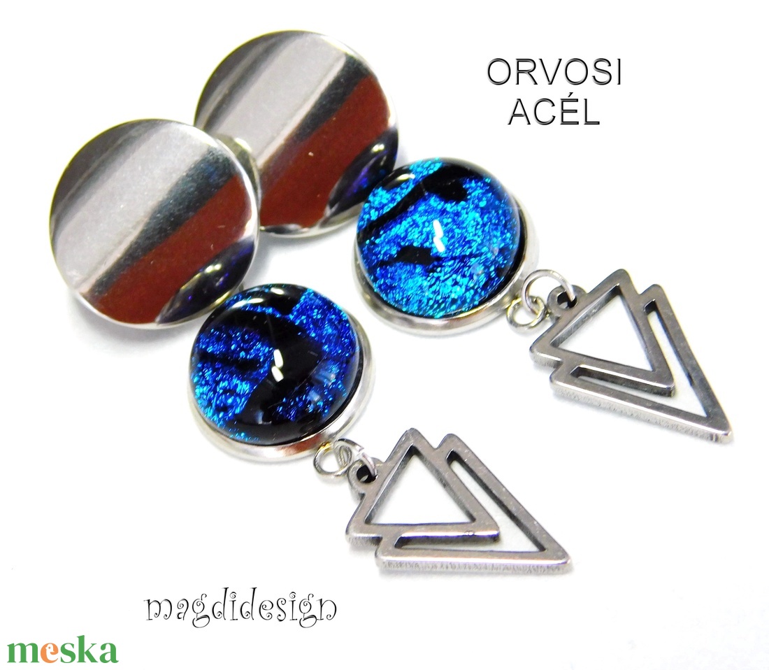 Kék-fekete dichroic üvegékszer stiftes lógós nemesacél fülbevaló - ékszer - fülbevaló - lógó fülbevaló - Meska.hu