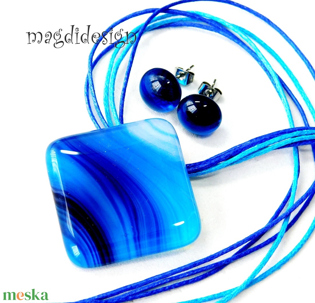 Pávatoll üvegékszer szett, nyaklánc, stiftes fülbevaló - ékszer - ékszerszett - Meska.hu