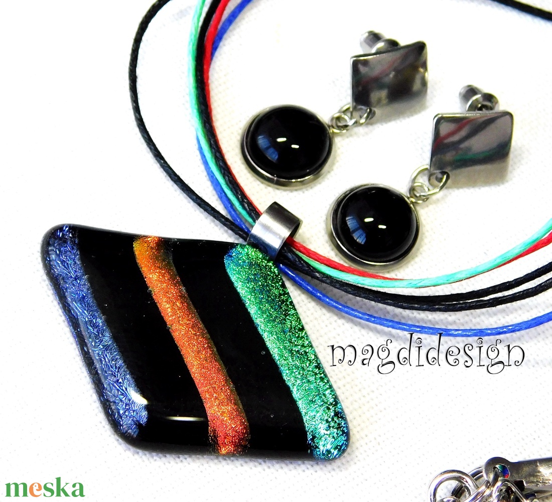 Exkluzív csillogó, csíkos, dichroic üvegékszer szett nyaklánc lógós fülbevaló akciós termékkép 1