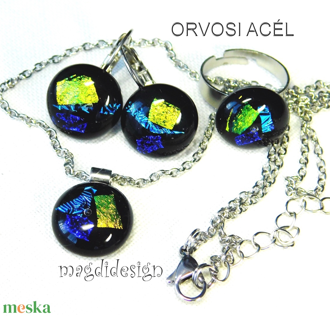 Kék-arany dichroic üvegékszer szett nyaklánc, gyűrű, kapcsos fülbevaló - ékszer - ékszerszett - Meska.hu Kék-arany dichroic üvegékszer szett nyaklánc, gyűrű, kapcsos fülbevaló - ékszer - ékszerszett - Meska.hu