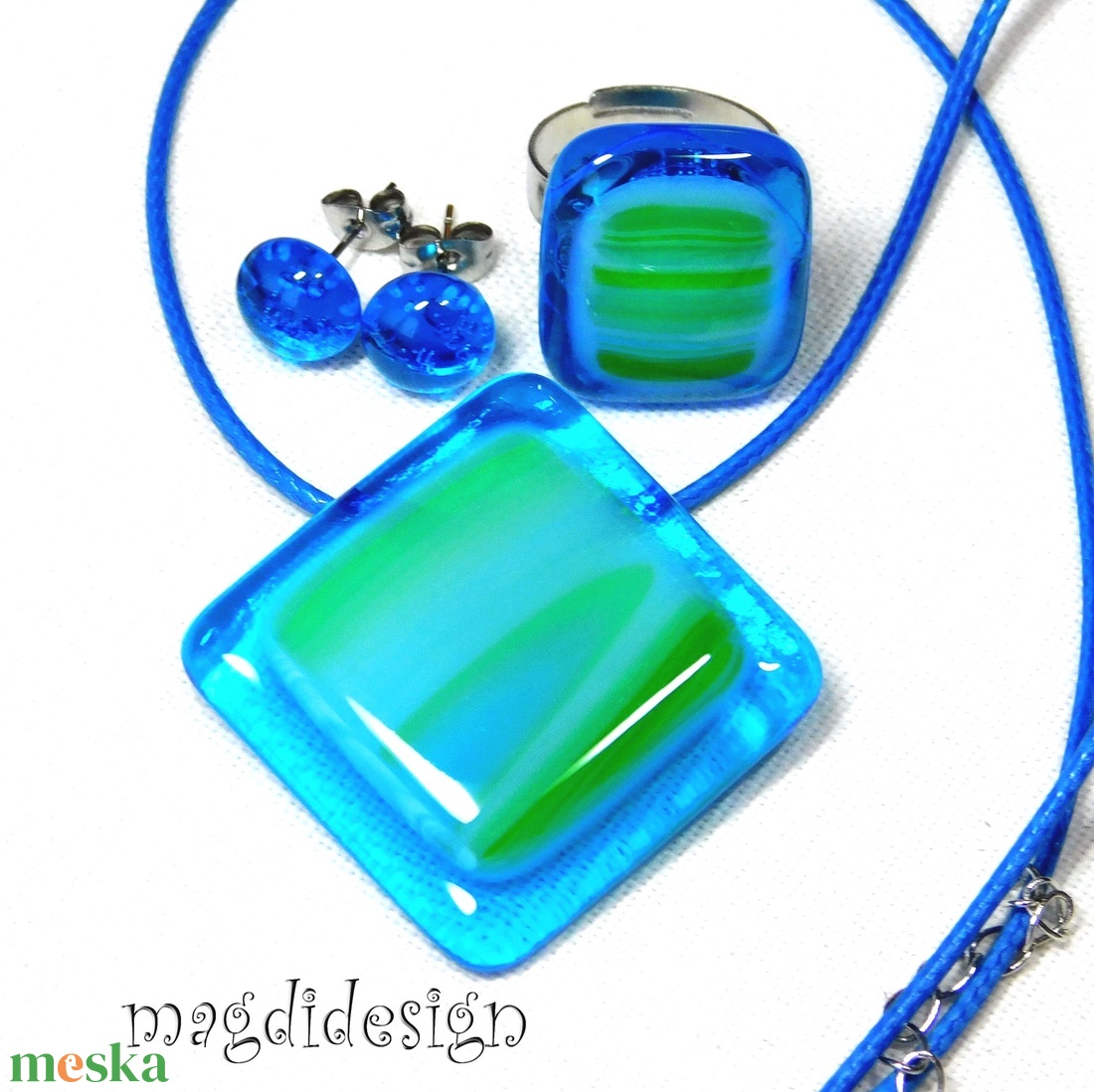 Kék és zöld üvegékszer szett nyaklánc, gyűrű,  pötty fülbevaló - ékszer - ékszerszett - Meska.hu
