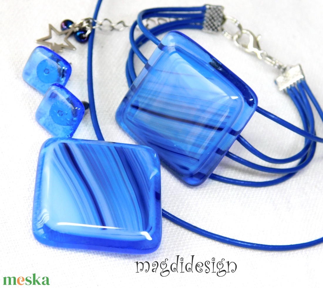 Kék-lila hullámok üvegékszer szett nyaklánc, a karkötő, a stiftes fülbevaló 1 - ékszer - ékszerszett - Meska.hu