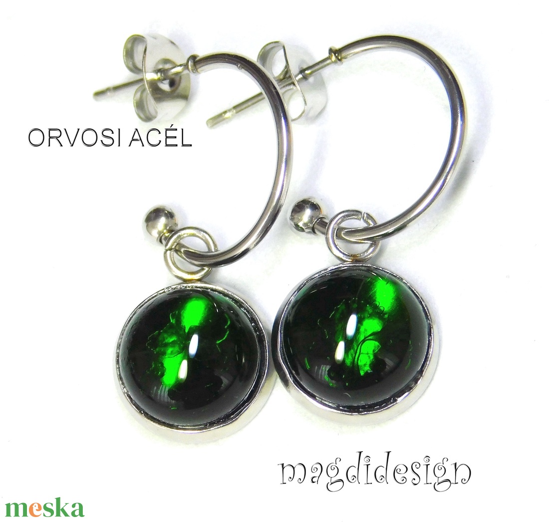 Mohazöld üvegékszer stiftes lógós nemesacél fülbevaló - ékszer - fülbevaló - lógó fülbevaló - Meska.hu