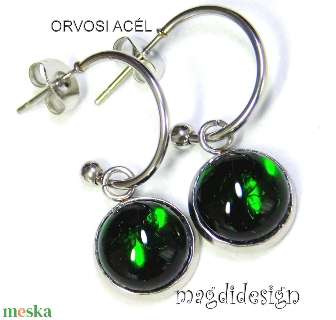 Mohazöld üvegékszer stiftes lógós nemesacél fülbevaló - ékszer - fülbevaló - lógó fülbevaló - Meska.hu