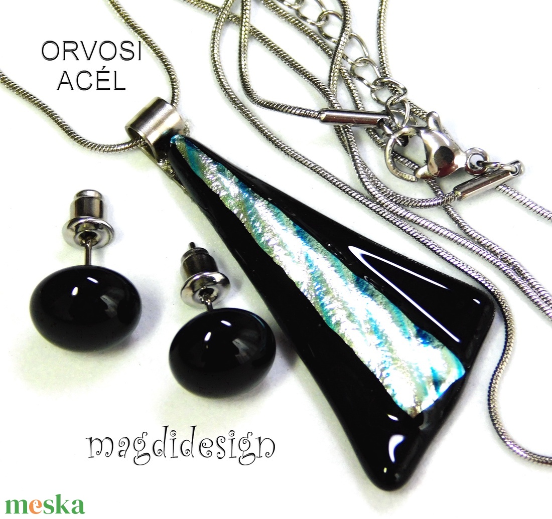 Fekete ezüst, dichroic üvegékszer szett nyaklánc stiftes fülbevaló - ékszer - ékszerszett - Meska.hu Fekete ezüst, dichroic üvegékszer szett nyaklánc stiftes fülbevaló - ékszer - ékszerszett - Meska.hu