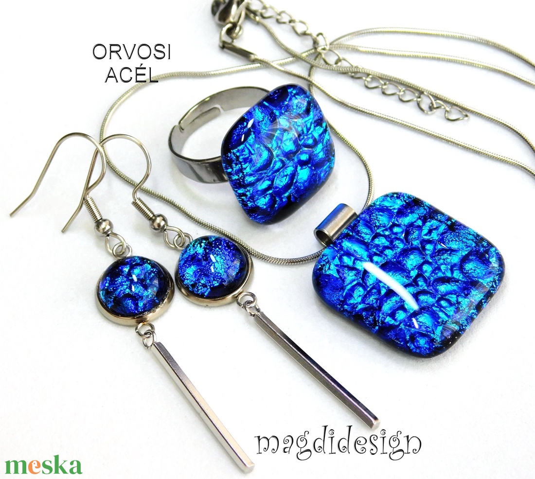 Kék dichroic üvegékszer szett nyaklánc gyűrű, lógós fülbevaló - ékszer - ékszerszett - Meska.hu Kék dichroic üvegékszer szett nyaklánc gyűrű, lógós fülbevaló - ékszer - ékszerszett - Meska.hu