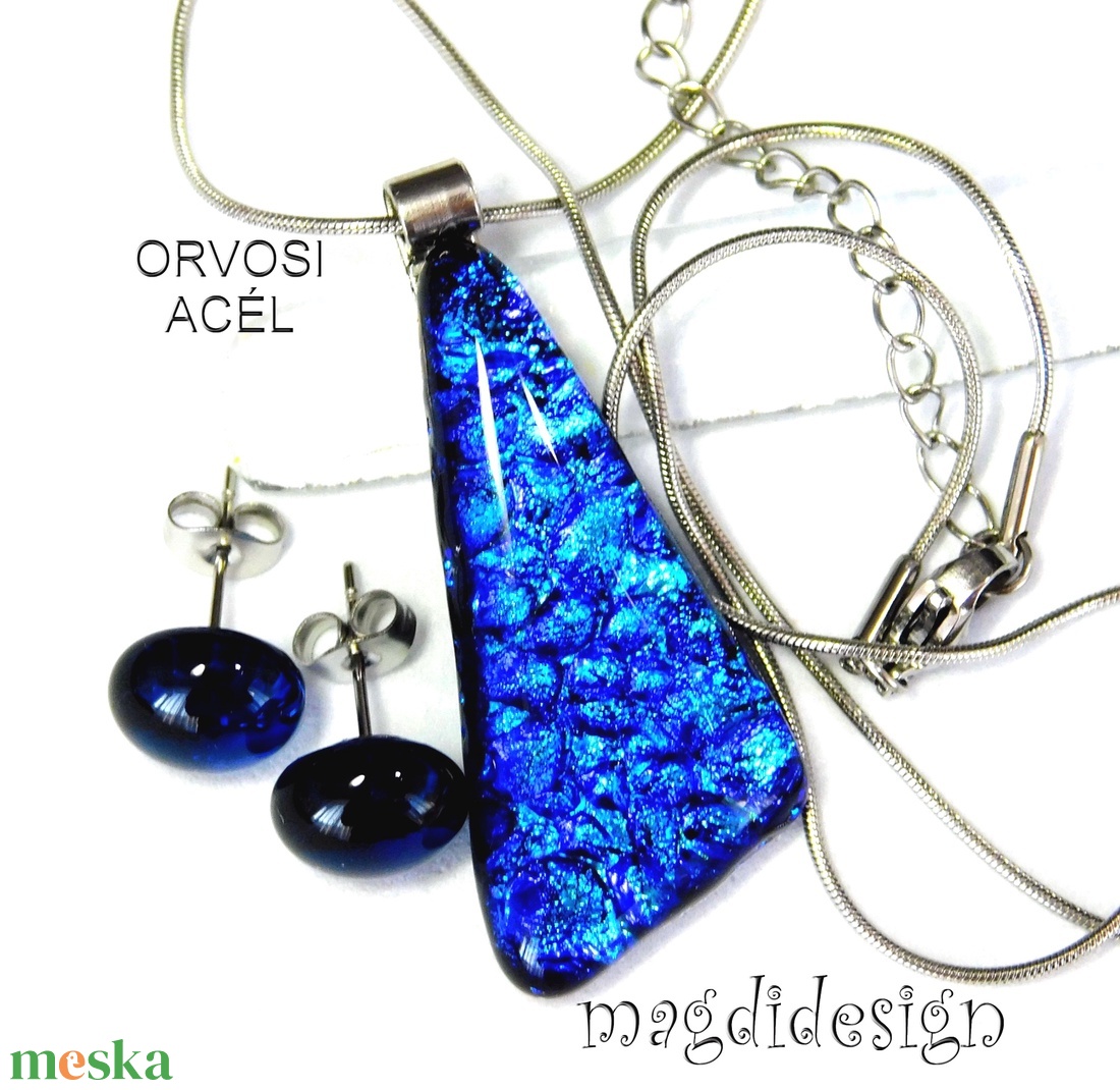 Kék dichroic üvegékszer szett nyaklánc, lógós fülbevaló - ékszer - ékszerszett - Meska.hu Kék dichroic üvegékszer szett nyaklánc, lógós fülbevaló - ékszer - ékszerszett - Meska.hu