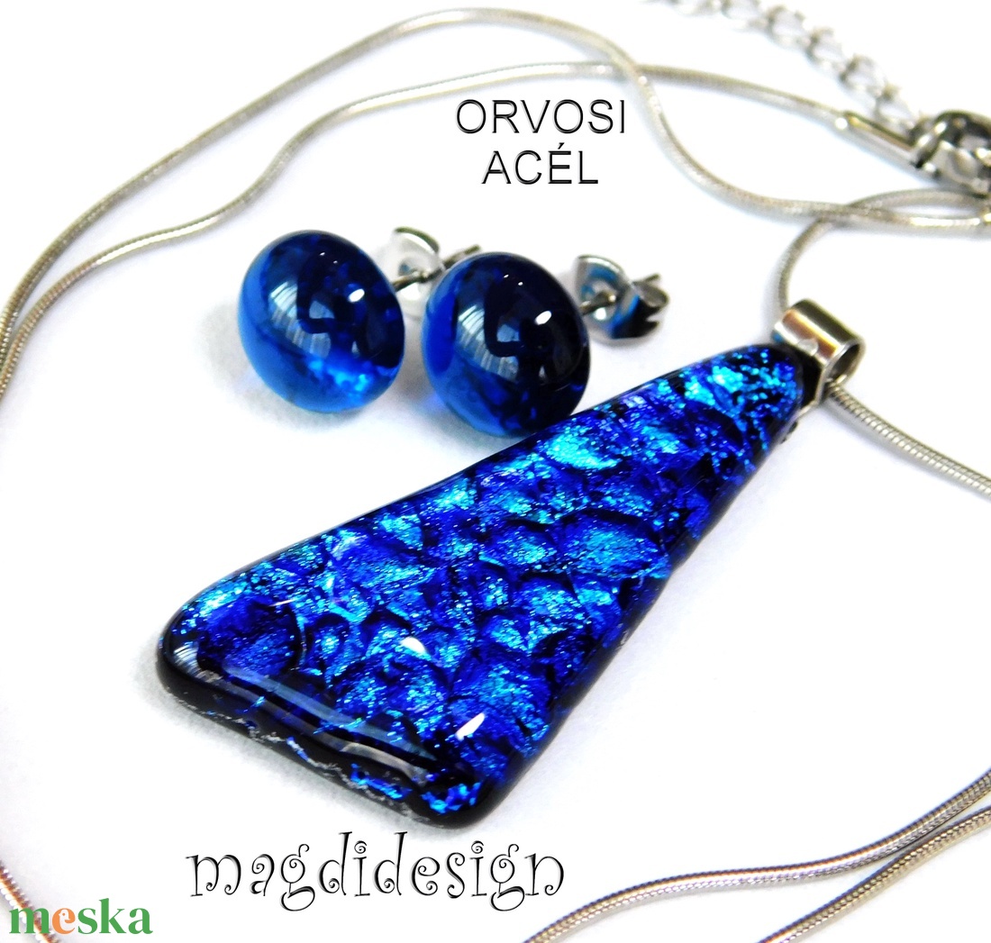 Kék dichroic üvegékszer szett nyaklánc, stiftes fülbevaló  - ékszer - ékszerszett - Meska.hu