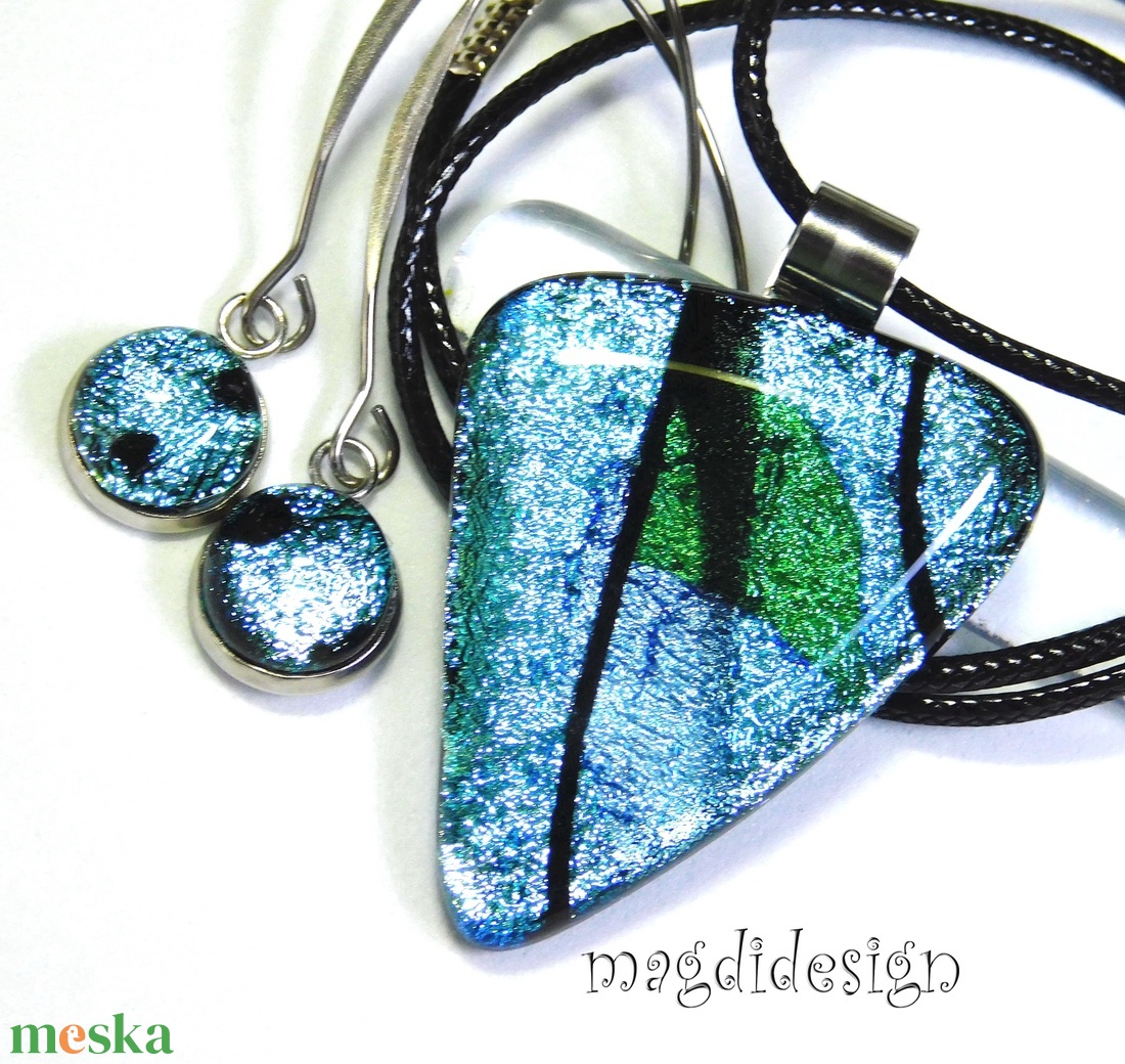 MAXI Ezüstös-kék dichroic üvegékszer szett nyaklánc lógós fülbevaló  - ékszer - ékszerszett - Meska.hu