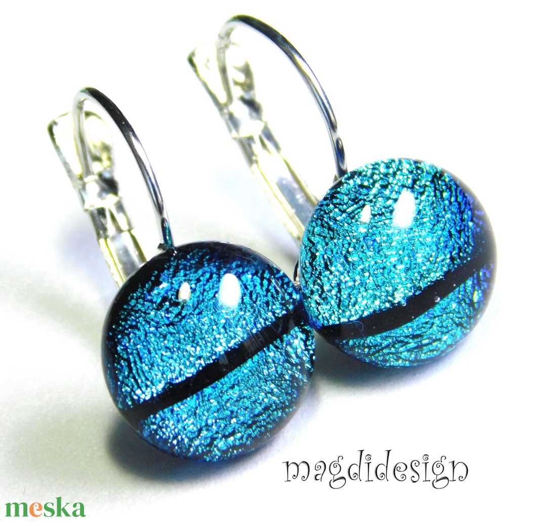 Kék fekete 1 csíkos dichroic üvegékszer kapcsos fülbevaló  - ékszer - fülbevaló - lógós kerek fülbevaló - Meska.hu