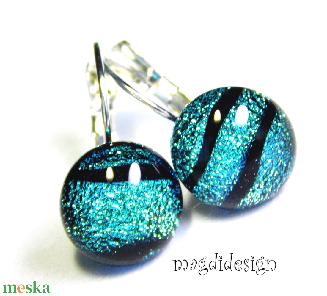 Kék fekete 1 csíkos dichroic üvegékszer kapcsos fülbevaló  - ékszer - fülbevaló - lógós kerek fülbevaló - Meska.hu